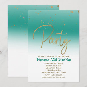 Aquamarin & Gold Modern Glam Confetti Geburtstagsp Einladung