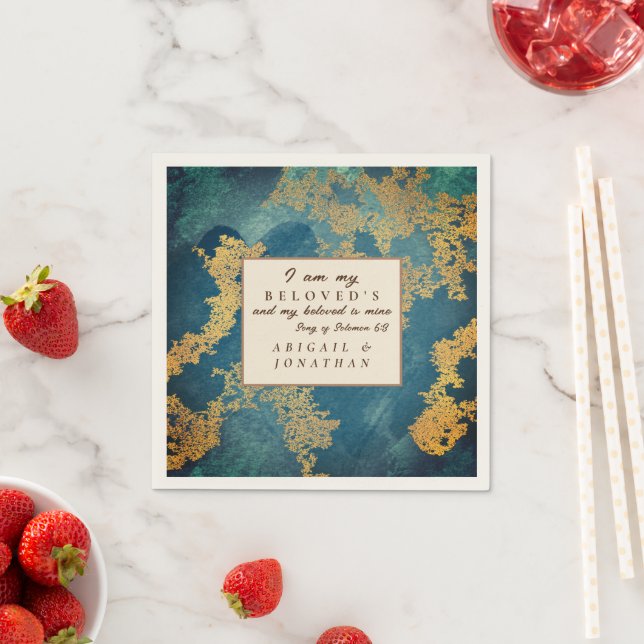 Aquamarin Gold Moderne Art Wedding Bible Verse Serviette (Beispiel)