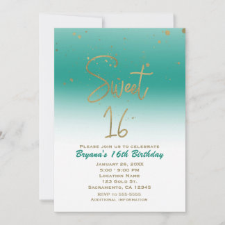 Aquamarin & Gold Modernes Glam SWEET 16 Geburtstag Einladung