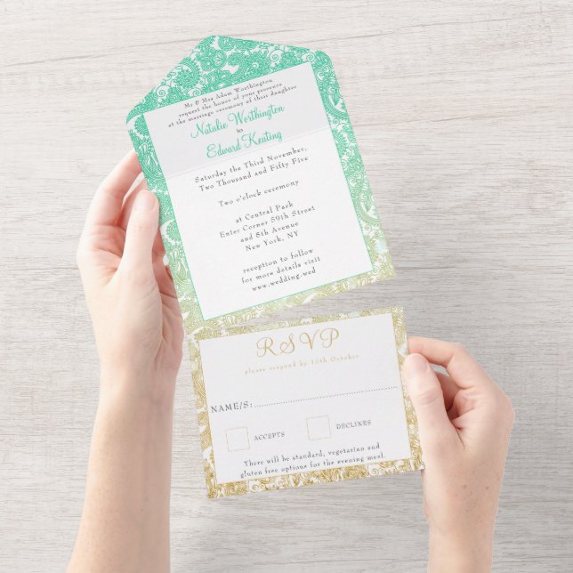 Aquamarin Gold Ombre Paisley Henna Wedding RSVP All In One Einladung (Abreißen)