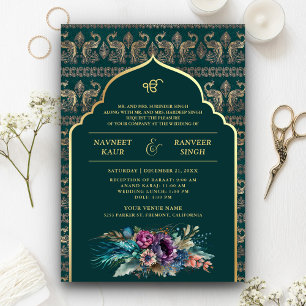 Aquamarin Gold Peacock Anand Karaj Sikh Wedding Einladung