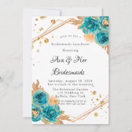 Aquamarin Gold Peony Geometric Bridesmaids Luncheo Einladung