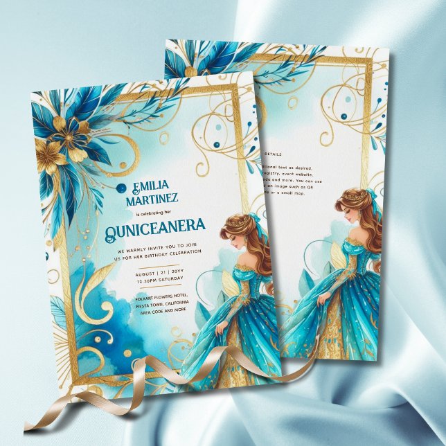 Aquamarin Gold Quinceañera Dress Einladung (Von Creator hochgeladen)