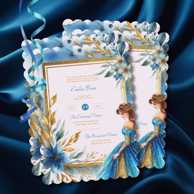 Aquamarin Gold Quinceanera Dress Zeremonie Empfang Einladung (Von Creator hochgeladen)