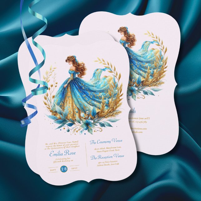 Aquamarin Gold Quinceanera Dress Zeremonie Empfang Einladung (Von Creator hochgeladen)