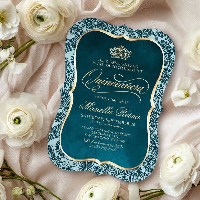 Aquamarin Gold Quinceañera Einladung (Von Creator hochgeladen)