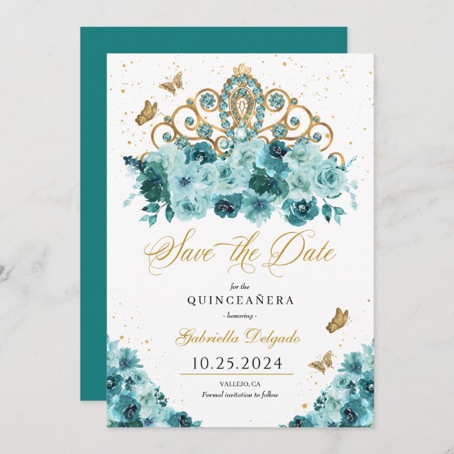 Aquamarin & Gold Tiara Save the Date Quinceañera Einladung (Vorne/Hinten)