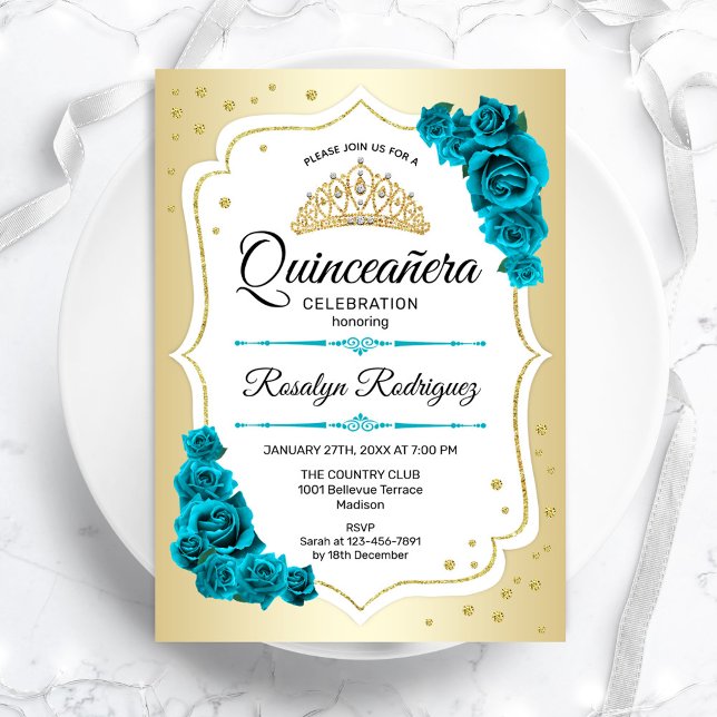 Aquamarin Gold White Elegante Quinceanera Einladung (Von Creator hochgeladen)