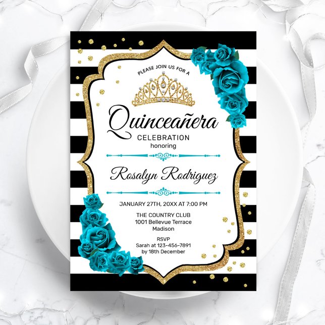 Aquamarin Gold White Quinceanera Einladung (Von Creator hochgeladen)