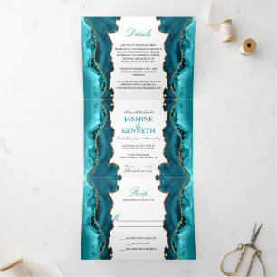Aquamarin & goldenes Tor auf Weiße Hochzeit Dreifach Gefaltete Einladung