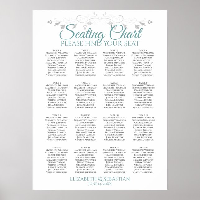 Aquamarin-graue 16 Tabelle Hochzeitstabelle Poster (Vorne)