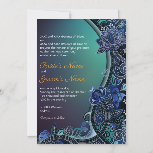 Aquamarin Green Blue Paisley Lotus Luxe Indian Wed Einladung (Vorderseite)