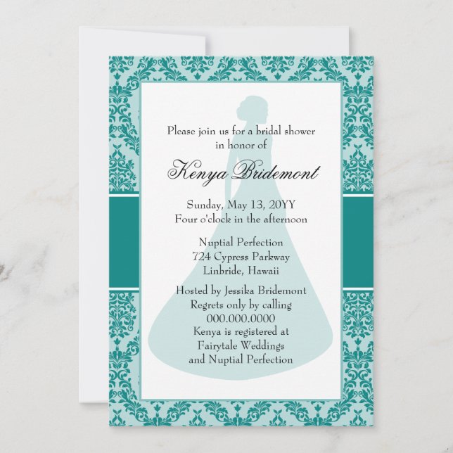 Aquamarin Green Damask Bridal Dusche Einladung (Vorderseite)