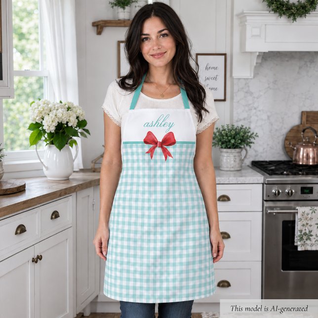 Aquamarin Green Gingham Schürze (sweet cottagecore coquette rustic retro teal green gingham apron with red bow with custom name)