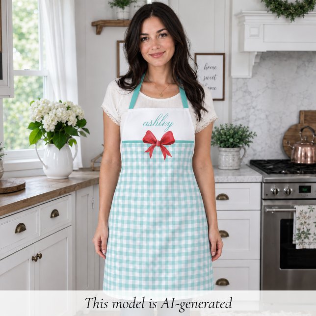 Aquamarin Green Gingham Schürze (sweet cottagecore coquette rustic retro teal green gingham apron with red bow with custom name)