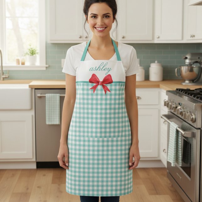 Aquamarin Green Gingham Schürze (sweet cottagecore coquette rustic retro teal green gingham apron with red bow with custom name)