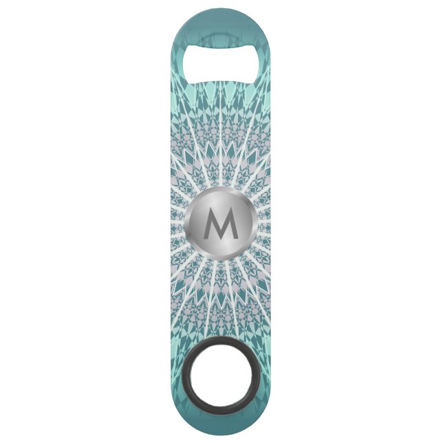 Aquamarin Green Mandala Monogram Speed Flaschenöffner (Rückseite)