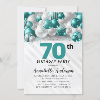 Aquamarin Green Silver Ballon Glitzer 70. Geburtst Einladung