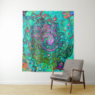 Aquamarin Groovy Abstrakter Retro Flüssigkeitswirb Wandteppich