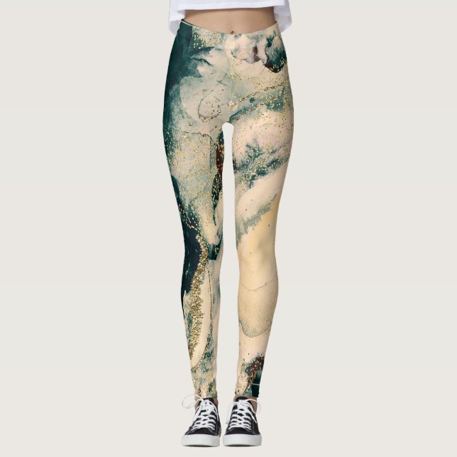 Aquamarin Grüne Wasserfarbe Kosmische Galaxie Spar Leggings (Vorderseite)
