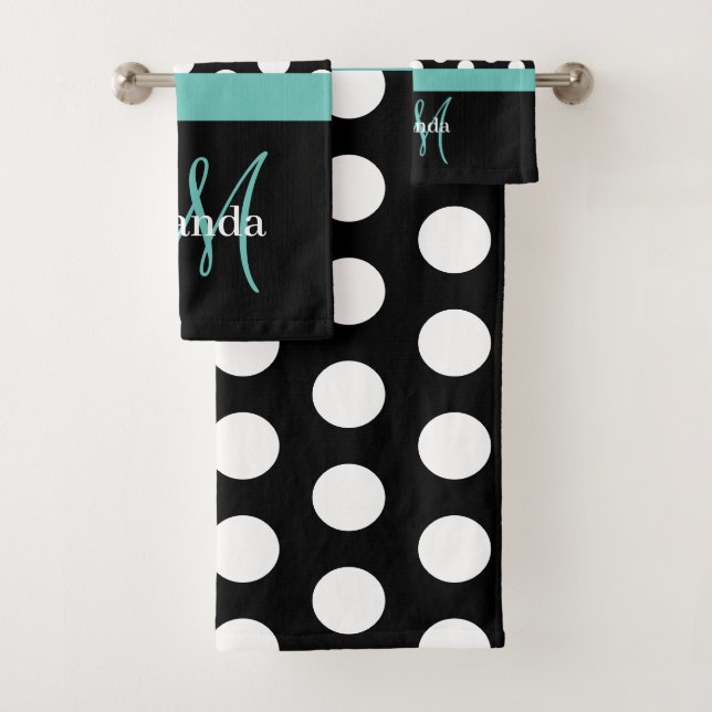 Aquamarin-grüner Monogramm-Schwarz-weiß-Polka-Dot Badhandtuch Set (Insitu)