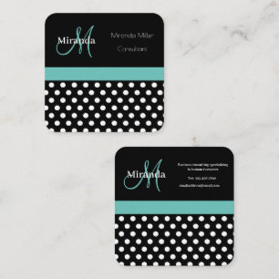 Aquamarin-grüner Monogramm-Schwarz-weiß-Polka-Dot Quadratische Visitenkarte