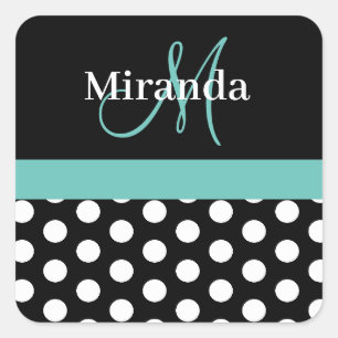 Aquamarin-grüner Monogramm-Schwarz-weiß-Polka-Dot Quadratischer Aufkleber