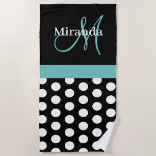 Aquamarin-grüner Monogramm-Schwarz-weiß-Polka-Dot Strandtuch