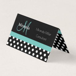Aquamarin-grüner Monogramm-Schwarz-weiß-Polka-Dot Visitenkarten