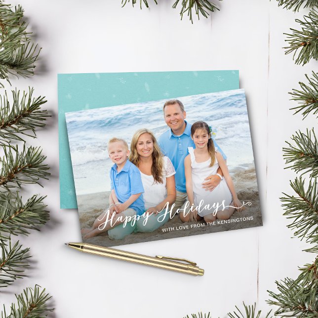 Aquamarin Happy Holidays Handgeschriebenes Foto (Budget Teal Happy Holidays Handwritten Photo Christmas Card)