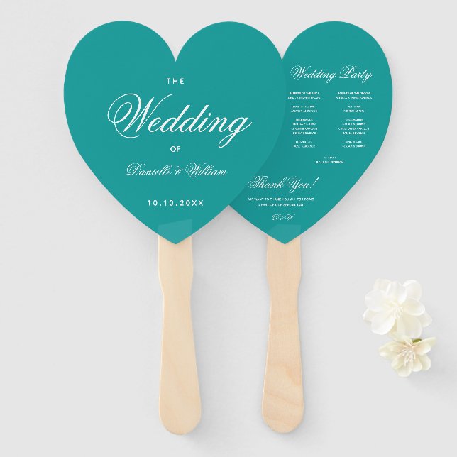 Aquamarin Heart Elegantes Script Blue Wedding Prog Fächer (Vorne und Hinten)