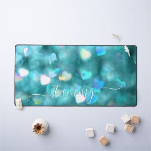 Aquamarin Hearts Glitzer Schreibtischunterlage