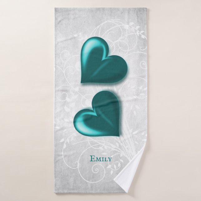 Aquamarin Hearts Personalisiert Badetuch Set (Badehandtuch)