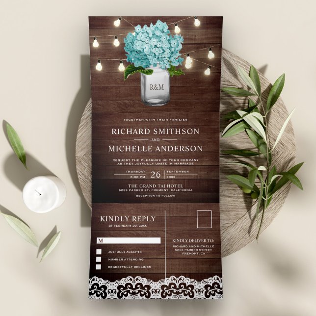 Aquamarin Hydrangea Mason Jar String Lights Hochze Dreifach Gefaltete Einladung (Von Creator hochgeladen)