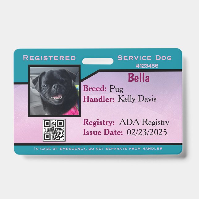 Aquamarin/Lila Service-Hund-ID-Abzeichen Ausweis (Vorderseite)