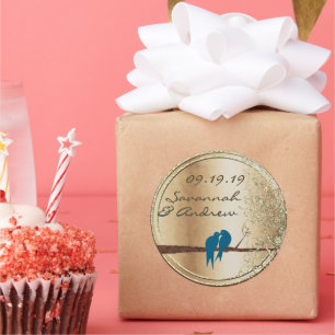 Aquamarin Love Bird Gold Wedding Siegel Runder Aufkleber