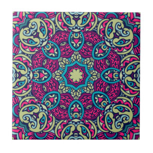 Aquamarin, Magenta, Gold und Olivenöl Boho Mandala Fliese