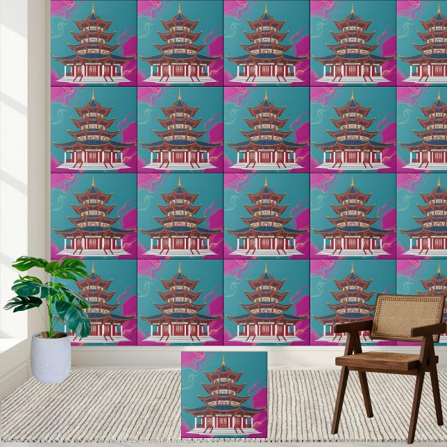 Aquamarin & Magenta Orientale Pagoda Chinoiserie T Fliese (Teal & Magenta Oriental Pagoda Chinoiserie Tile)