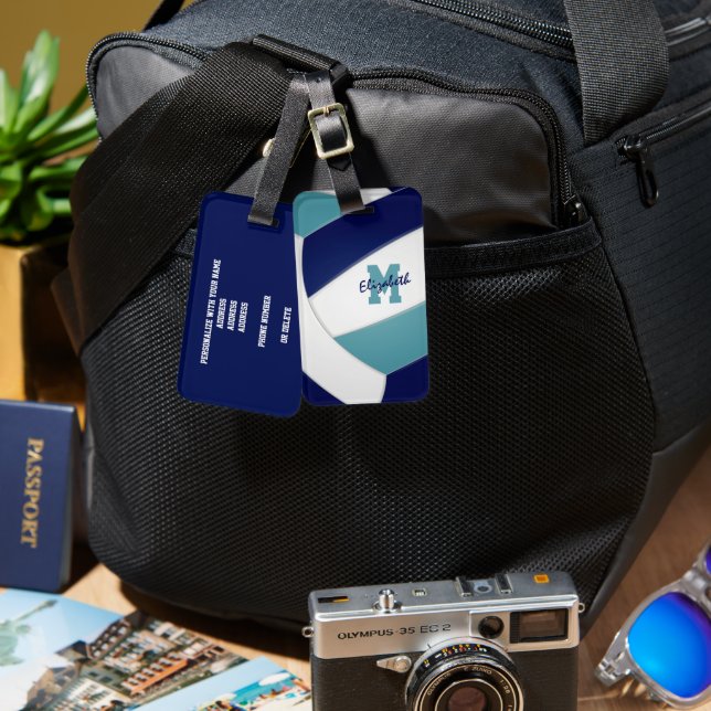 aquamarin marineblaue Mannschaftsfarben mit Monogr Gepäckanhänger (Vorderseite & Rückseite)