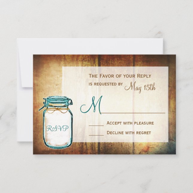 Aquamarin Mason Jar Barn Wood Rustic Wedding RSVP  Karte (Vorderseite)