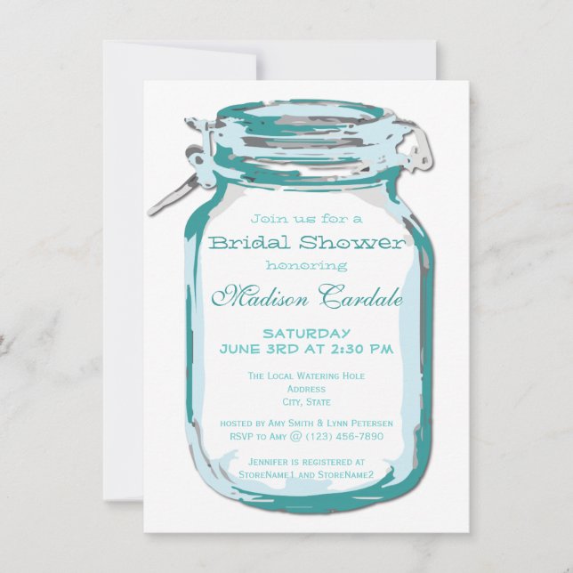 Aquamarin Mason Jar Country Bridal Dusche Einladun Einladung (Vorderseite)