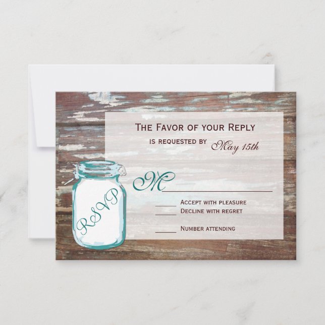 Aquamarin Mason Jar Rustic Barn Wood Wedding RSVP  (Vorderseite)