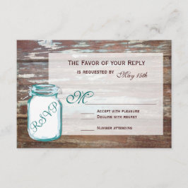 Aquamarin Mason Jar Rustic Barn Wood Wedding RSVP  Karte