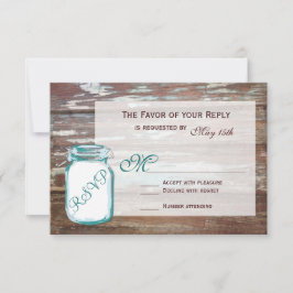Aquamarin Mason Jar Rustic Barn Wood Wedding RSVP  Karte