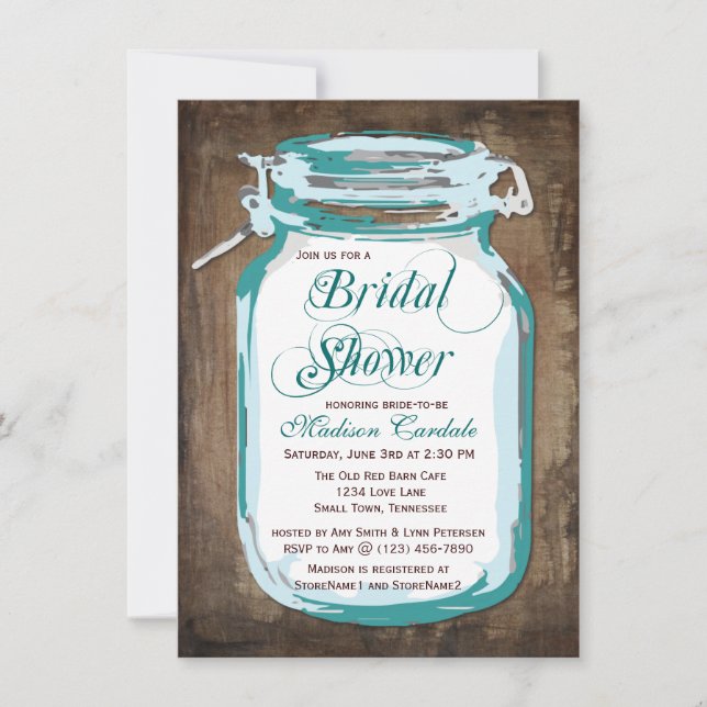 Aquamarin Mason Jar Rustic Bridal Dusche Einladung (Vorderseite)