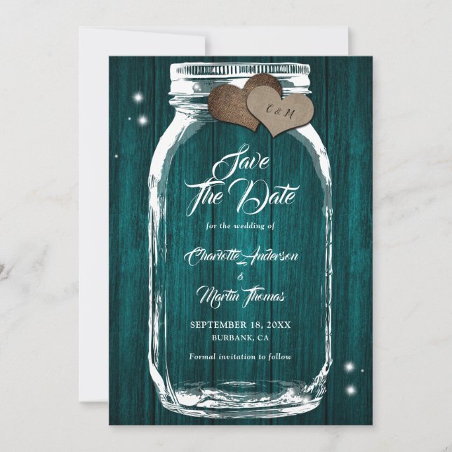 Aquamarin Mason Jar Rustic Country Barn Wood Weddi Save The Date (Vorderseite)