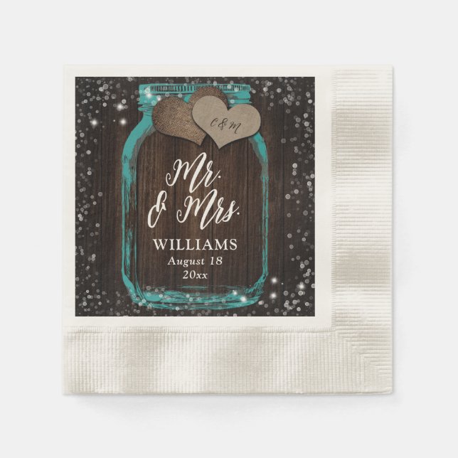 Aquamarin Mason Jar Rustic Wood Mr. & Mrs. Wedding Serviette (Vorderseite)