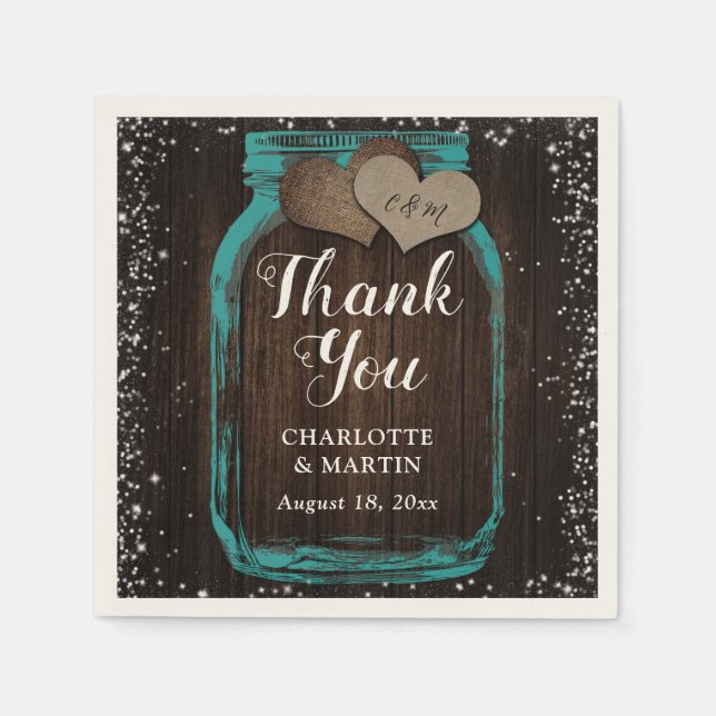 Aquamarin Mason Jar Rustic Wood Vielen Dank für Ih Serviette (Vorderseite)