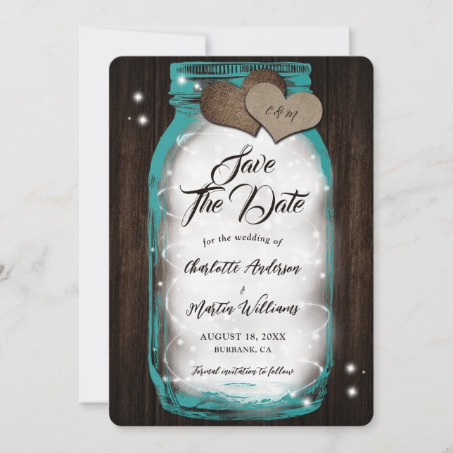 Aquamarin Mason Jar String Lights Barn Wood Weddin Save The Date (Vorderseite)