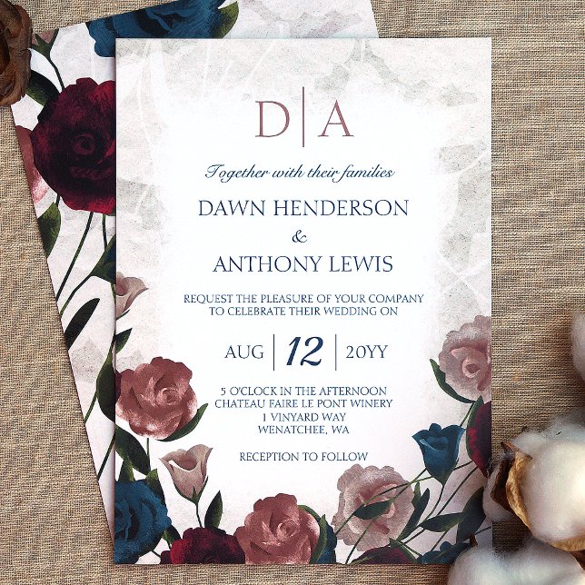 Aquamarin, Mauve Blush, Burgund Rose Garden Weddin Einladung (elegant rose bouquet rose garden wedding invitations burgundy, rose pink, teal, beige roses)